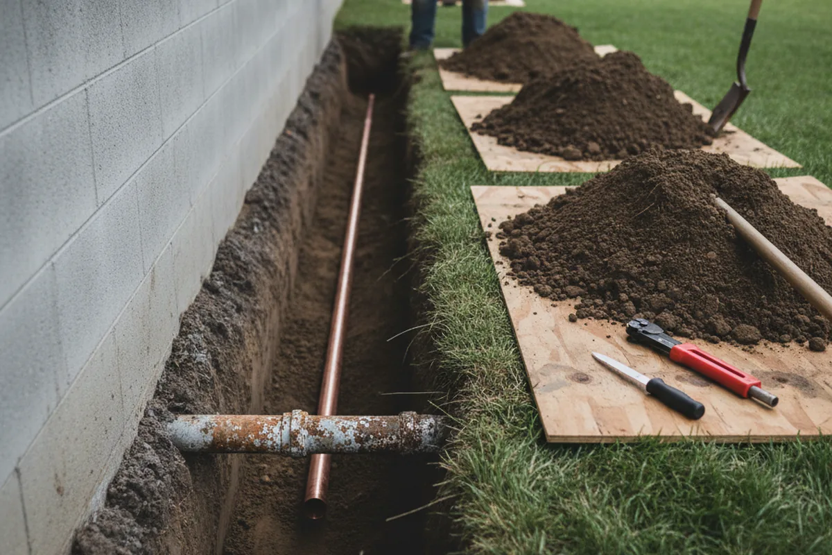 Excavated water line trench during Water Softener Installation in Shelbyville